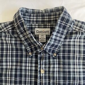 Carhartt Men's Short Sleeve Plaid Button Up Logo Pocket Shirt Size 2XL Tall Blue